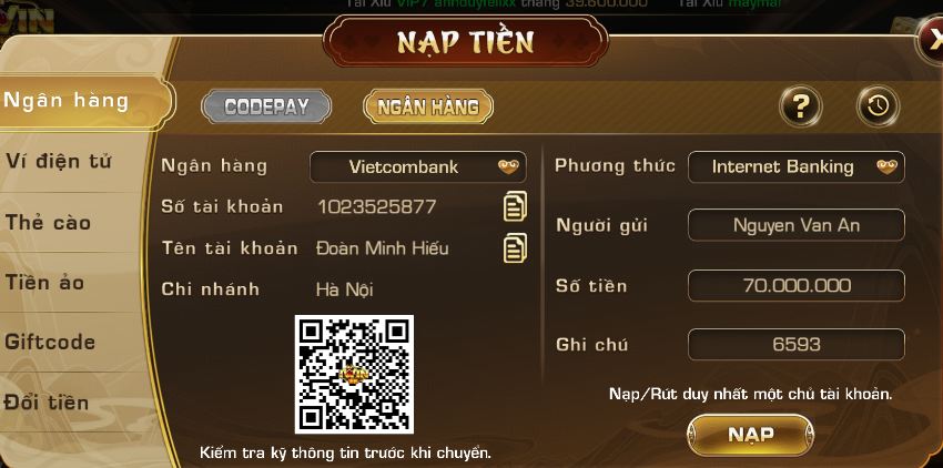 Iwin không lưu thông tin ngân hàng người chơi